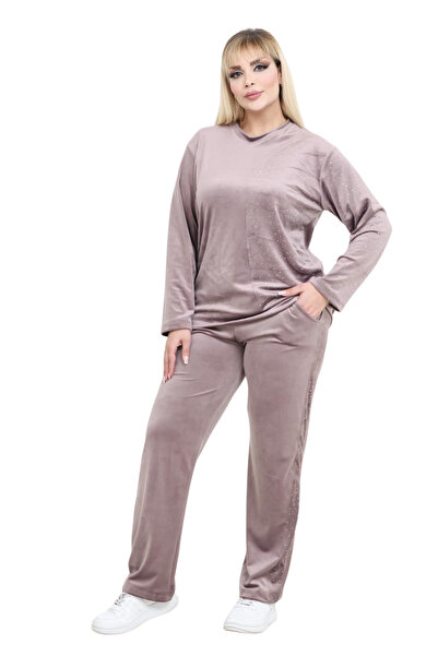 MELSAY Women's Mink Shiny French Velvet Stone Half Garni Tracksuit Set