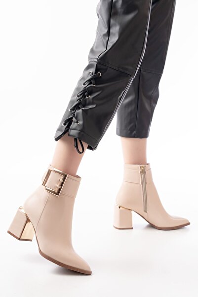 Zerenyus Zri̇n-400 Premium Beige Heeled Women's Boots with Buckle Accessories and Zipper