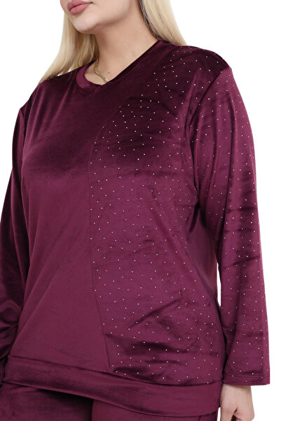 MELSAY Women's Shiny French Velvet Burgundy-Stone Half Garni Tracksuit Set