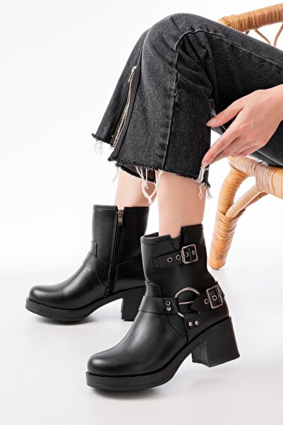 Zerenyus Zri̇n-3028 Premium Black Buckle Accessory Zippered Heeled Casual Women's Boots