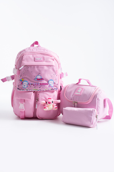 Sona Park Pink Stitch Kawaii Korean Style Multi-Compartment Children's - School Bag, Lunch Box, Pencil Case Set