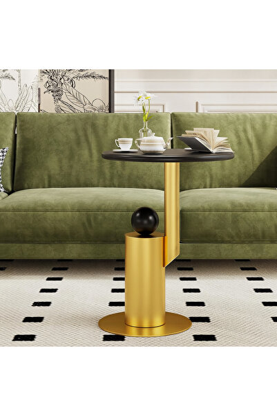 Generic Marble wood and black gold metal side table - 40x55 cm