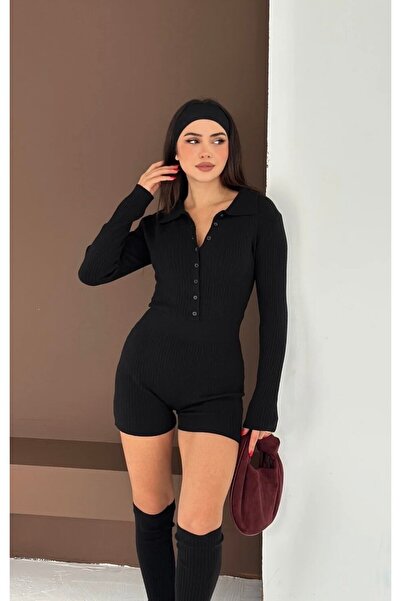 Azimutgiyim Kadın Siyah Ribana Triko Tulum & Dizlik Seti