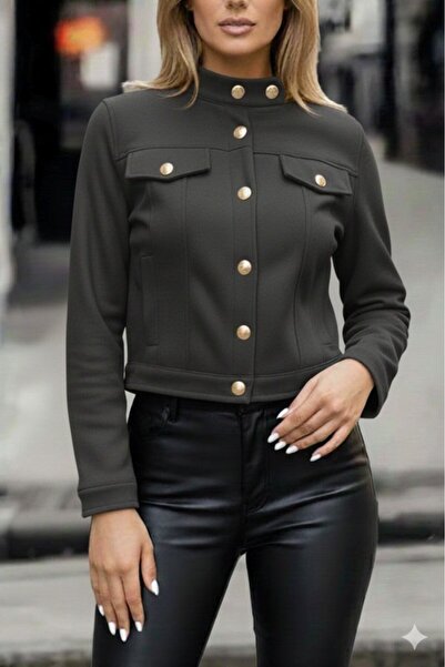 JANES سترة نسائية قصيرة من الجلد المدبوغ بأكمام طويلة وأزرار على الياقة والجزء الأمامي