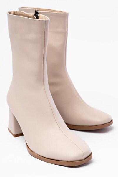 Zerenyus Zri̇n-032 Premium Beige Heeled Zippered Women's Boots