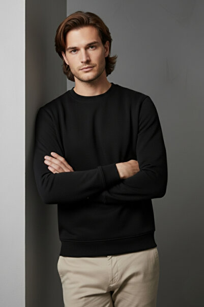 evolise Unisex Winter Black Three Thread Sh Fleece-Lined Thick Crew Neck Basic Sweatshirt