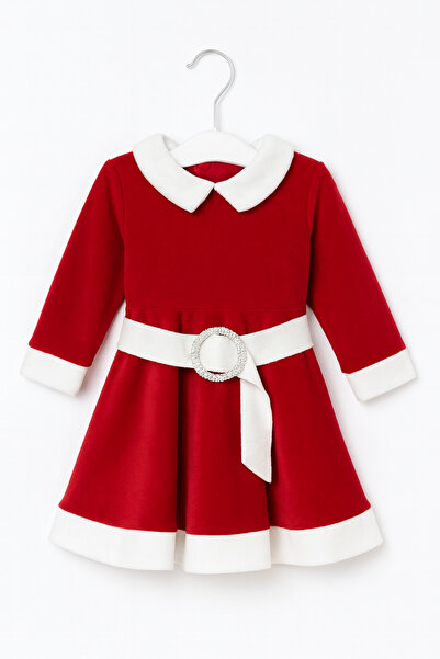 kashida Little Girl Christmas Dress – Red Velvet Santa Claus Dress with Cord and Shiny Buckle