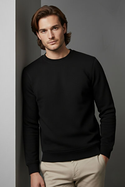 evolise Unisex Winter Black Three Thread Sh Fleece-Lined Thick Crew Neck Basic Sweatshirt