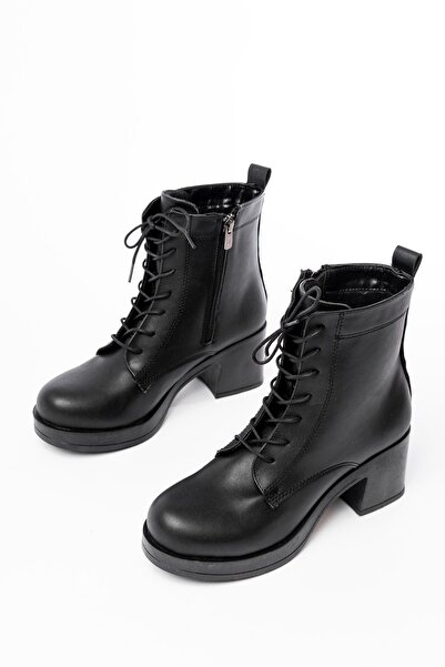 Zerenyus Zri̇n-3025 Premium Black Lace-Up Zippered Thick Heeled Women's Boots