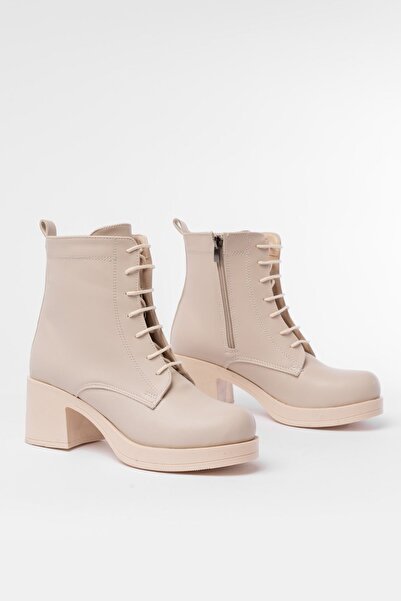 Zerenyus Zri̇n-3025 Premium Beige Lace-Up Zippered Thick Heeled Women's Boots