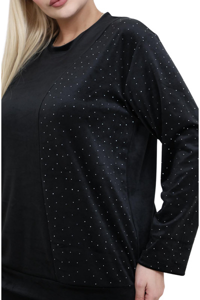 MELSAY Women's Plus Size French Velvet Black-Stone Half Garni Tracksuit Set