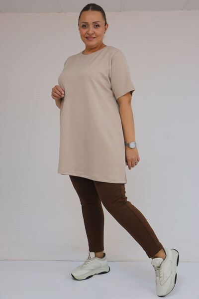 Eslina 58508 Plus Size Collar Piped Modal T-Shirt - Beige
