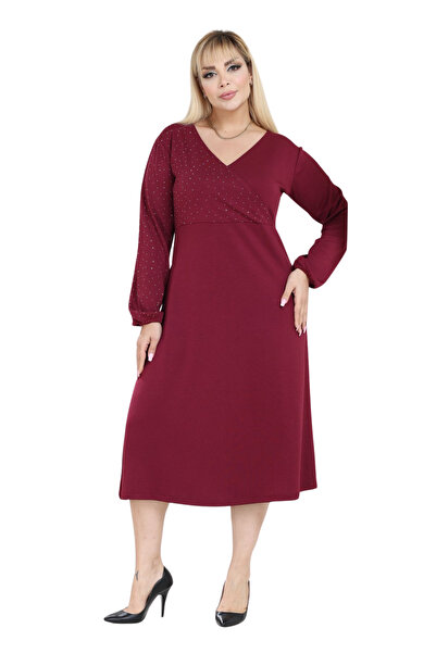 MELSAY Women's Plus Size Burgundy Modal Double-Breasted Collar Stone Printed Dress