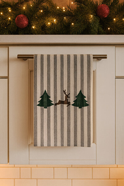 HMM DESİGN Yılbaşı El Baskısı Keten Çizgili Mutfak Havlusu – İskandinav Tarzı Yılbaşı Kurulama Bezi