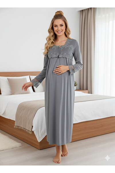 Lohussa Smoked Lace Buttoned Special Design 100% Cotton Maternity Nightgown