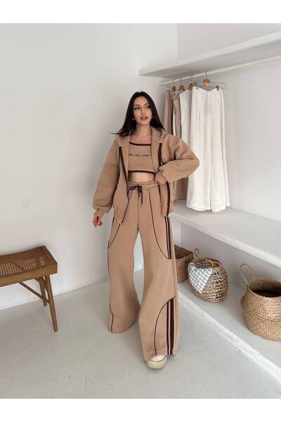 By Kuzey Aras 3 Piece Sporty Chic Set – Hooded Zippered Tops Striped Detail Sweatpants Crop Bustier