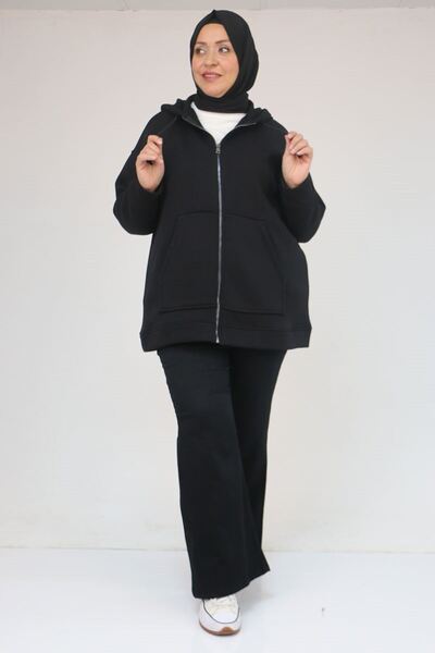 Eslina 43069 تنورة كبيرة الحجم مع سترة ثلاثية الخيوط مضلعة - أسود