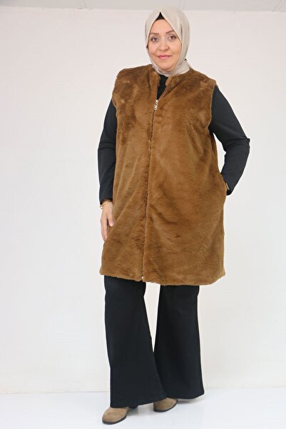 Eslina 54013 Large Size Rabbit Lined Vest with Pockets - Brown