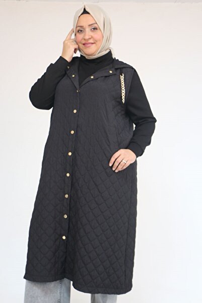 Eslina 54008-1 plus size chain corded modal quilted vest - black