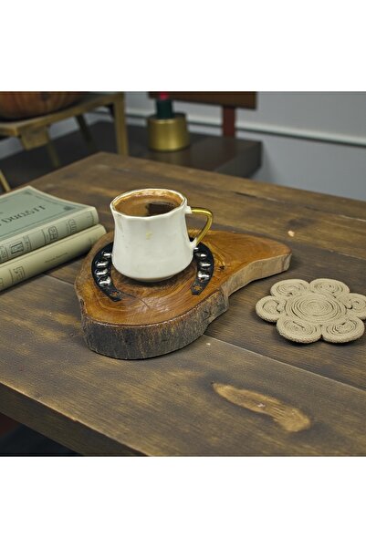 Home Handmade Olive Wood Coaster – Chrome Horseshoe Motif, Decorative Gift