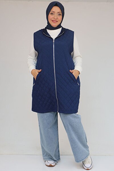 Eslina 54011 Plus Size Pockets Zippered Modal - Quilted Vest - Indigo