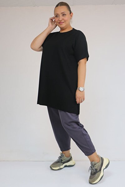 Eslina 58508 Large Size Collar Piped Modal T-Shirt - Black