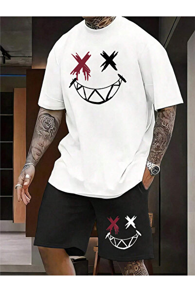 PERISENSE Black Men's 2-Piece Oversized Smiling Face Printed Cotton Beast Mode T-Shirt and Shorts Set