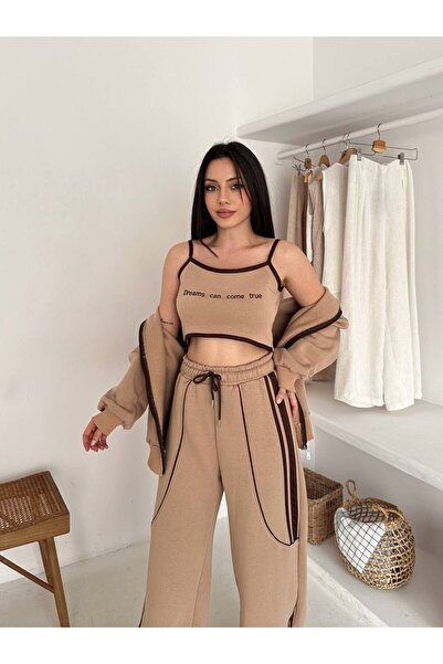 By Kuzey Aras 3 Piece Sporty Chic Set – Hooded Zippered Tops Striped Detail Sweatpants Crop Bustier