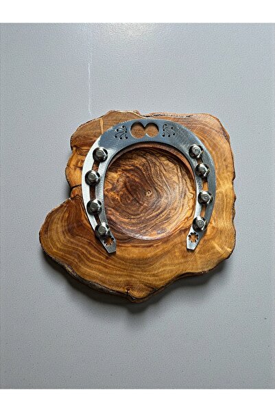 Home Handmade Olive Wood Coaster – Chrome Horseshoe Motif, Decorative Gift