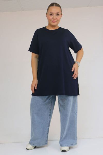 Eslina 58508 Plus Size Collar Piped Modal T-Shirt - Navy Blue