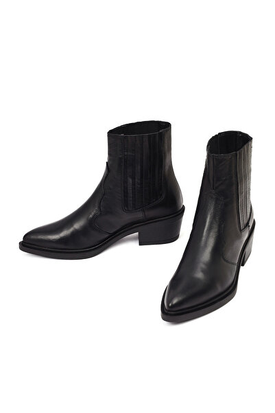 Derimod Women's Black Short Thick Heeled Leather Cowboy Boots 25Wfd182718