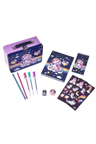 OEM School Set with Metallic Unicorn Pencil Case, Lilac and Blue, 11 Accessories