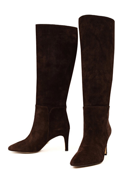 Derimod Women's Brown Thin Heeled Suede Leather Boots 25Wfd161410