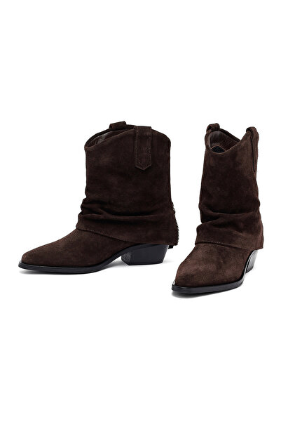 Derimod Women's Brown Short Thick Heeled Suede Leather Cowboy Boots 25Wfd270610