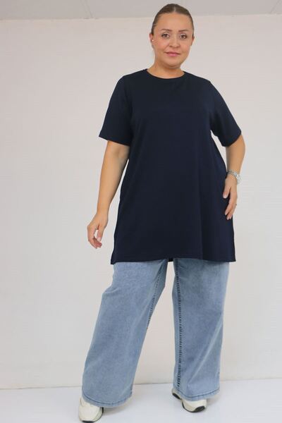 Eslina 58508 Plus Size Collar Piped Modal T-Shirt - Navy Blue