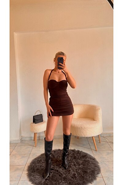 ibiza boutiques Korse Detaylı Büzgülü Kahverengi Mini Elbise