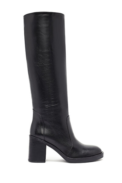 Derimod Women's Black Zippered Thick Heeled Leather Boots 25Wfd203118