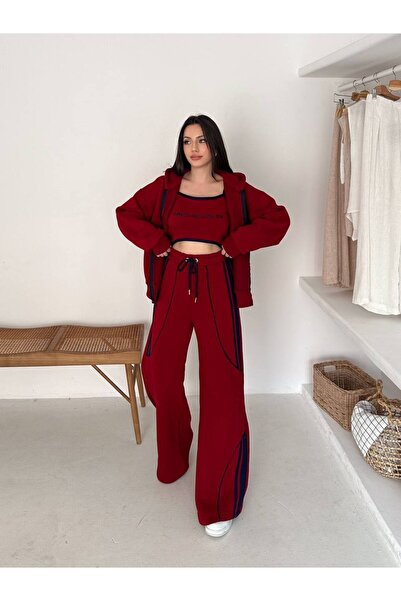 By Kuzey Aras 3 Piece Sporty Chic Set – Hooded Zippered Tops Striped Detail Sweatpants Crop Bustier