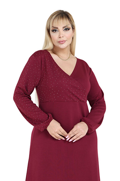 MELSAY Women's Plus Size Burgundy Modal Double-Breasted Collar Stone Printed Dress