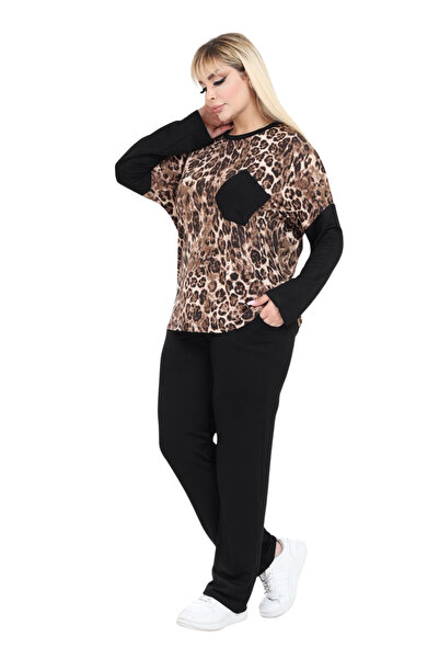 MELSAY Women's Plus Size Long Sleeve Paneled Leopard Pattern Elastic Waist Pocket Tracksuit Set