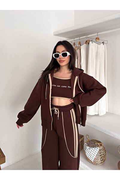 By Kuzey Aras 3 Piece Sporty Chic Set – Hooded Zippered Tops Striped Detail Sweatpants Crop Bustier