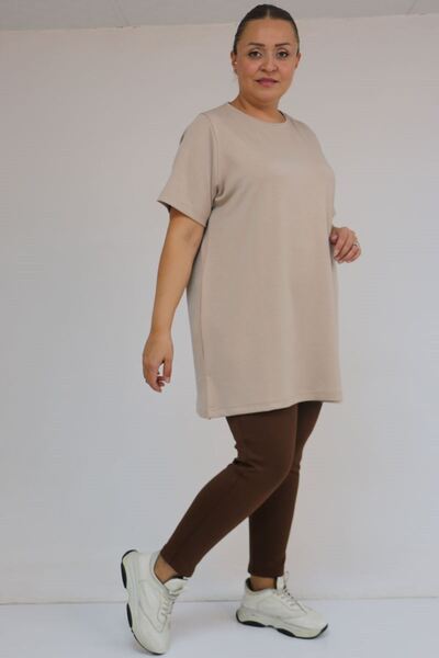 Eslina 58508 Plus Size Collar Piped Modal T-Shirt - Beige