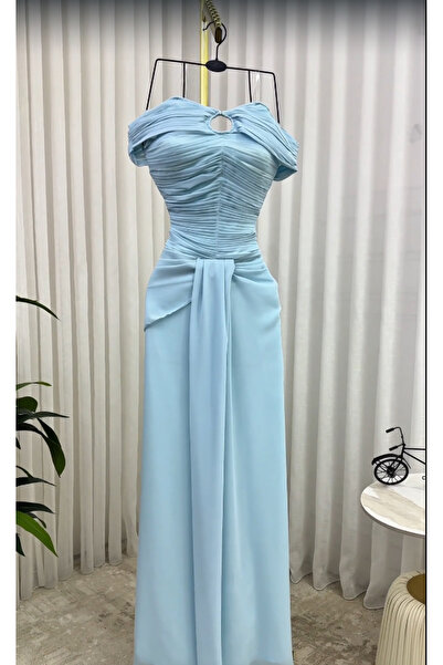 MEZON FASHION Sky blue draped chiffon evening dress - a royal look