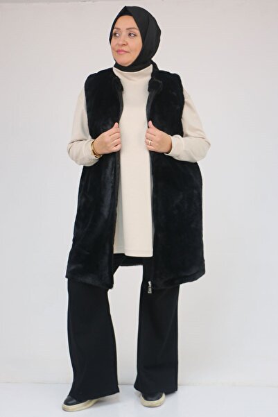 Eslina 54013 Plus Size Rabbit Lined Vest with Pockets - Black
