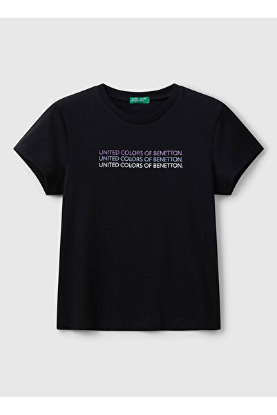 Benetton United Colors of Siyah Kız Çocuk Baskılı T-Shirt 3I1XC10Q1