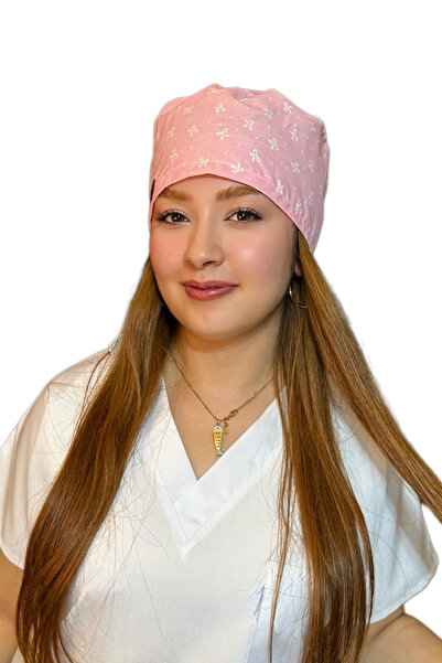 Çimen Butikk Pamuklu Poplin Cerrahi Bone Pembe Fiyonk Desenli ve Ayarlanabili...