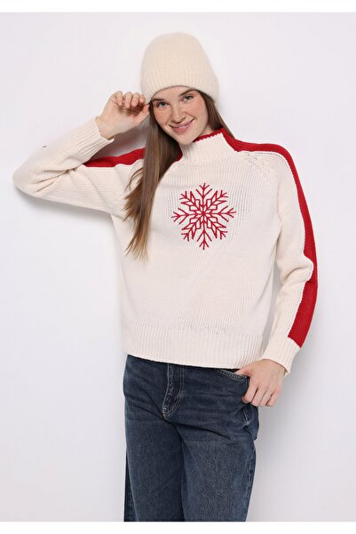 Colin's Regular Fit Mock Neck Embroidered Women's Ecru Sweater