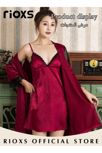 RIOXS Women's Silky Satin Pajama Set 4 Piece Camisole Top Shorts Nightdress Robe Pajama Set With Lace Deta