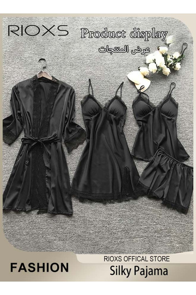 RIOXS Women's Silky Satin Pajama 4 Piece Camisole Top Shorts Nightdress Robe Pajama Set With Lace Details