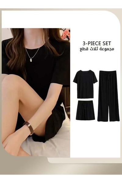 RIOXS Women's 3PCS Summer Pajamas Set, Short Sleeve Round Neck Shirt with Elastic Waist Shorts and Long Pa